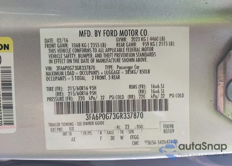 2016 Ford Fusion S from USA, damaged, VIN 3FA6P0G73GR337870